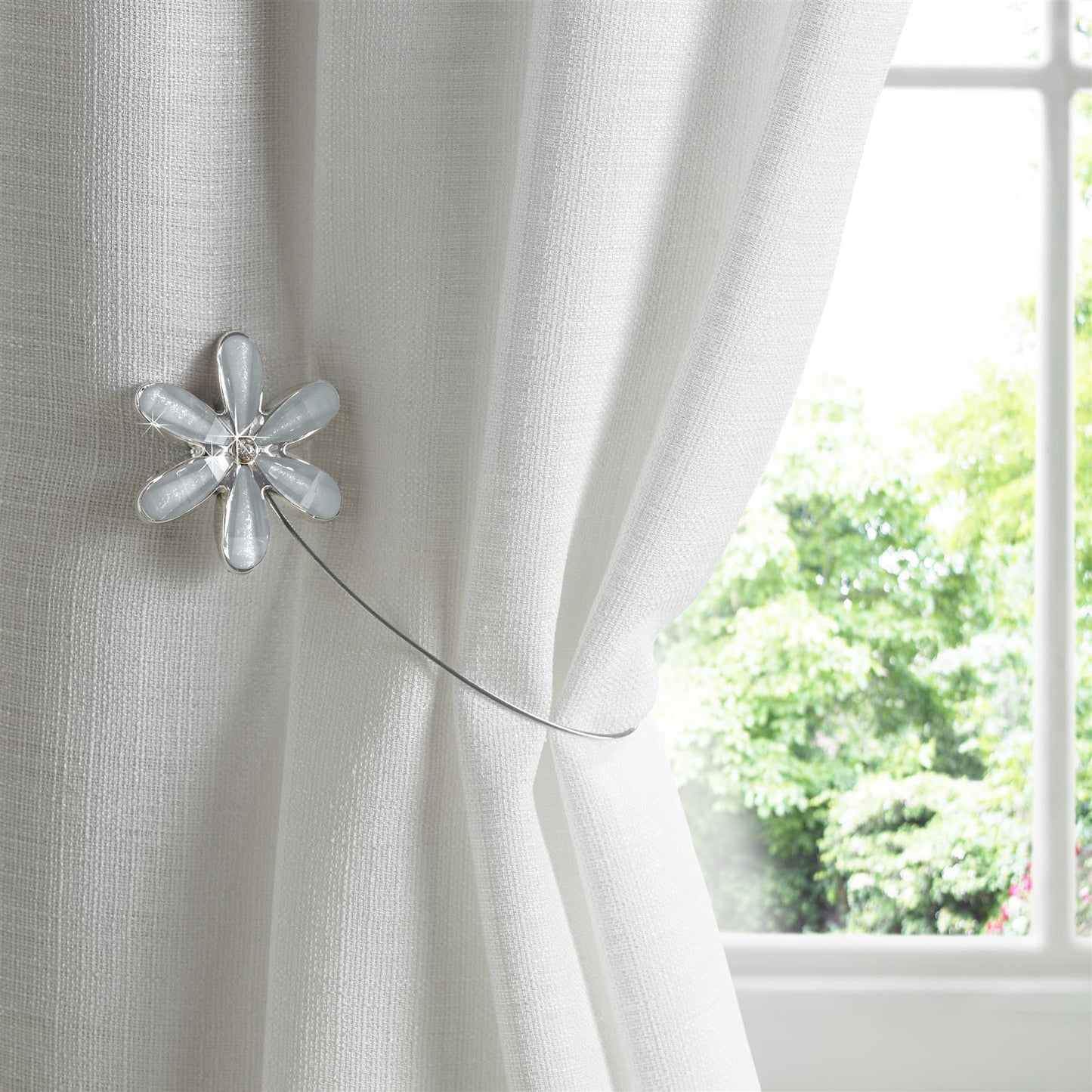 Silver Flower Magnetic Curtain Tie Backs Pair