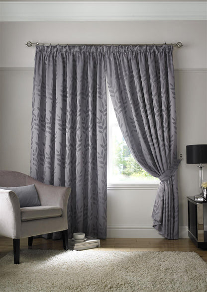 Silver Tivolia Fully Lined Pencil Pleat Curtains - Pair - Including Free Tie Backs