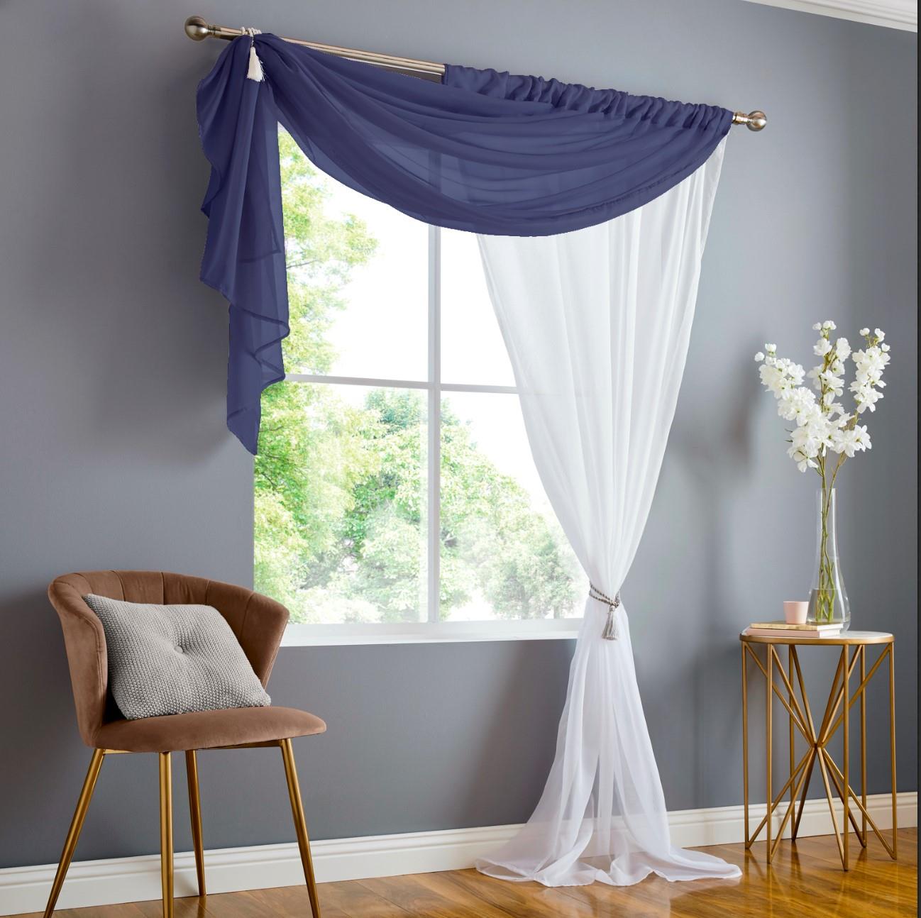Navy/White Double Display Voile Slot Top Curtain Panels