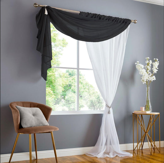 Black/White Double Display Voile Slot Top Curtain Panels