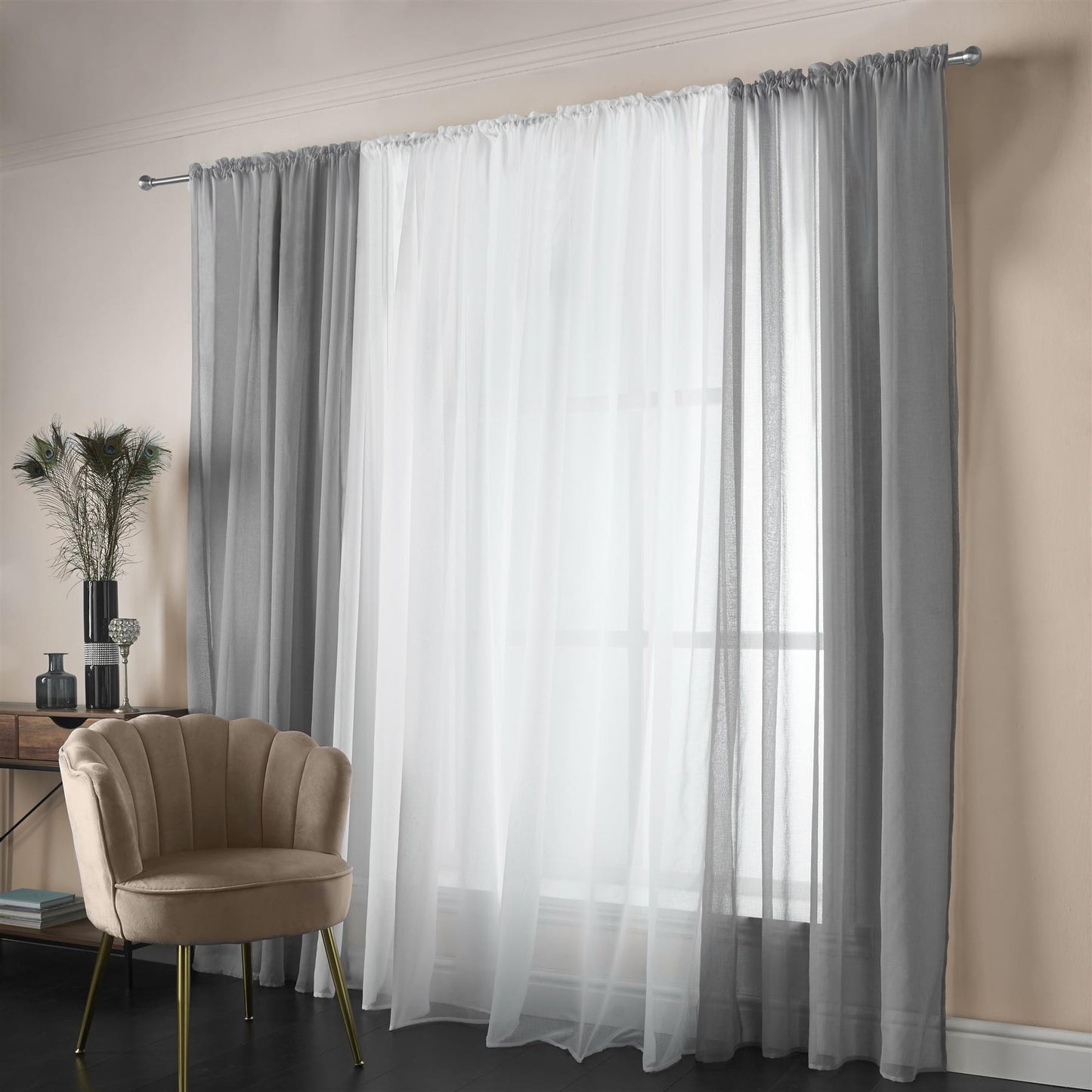 White Marble Textured Slot Top Voile Curtain Panel