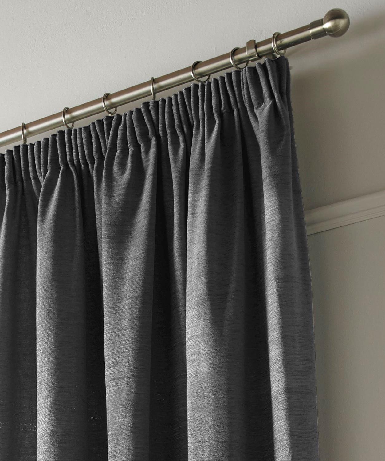 Charcoal Plain Chenille Fully Lined Pencil Pleat Curtains Pair
