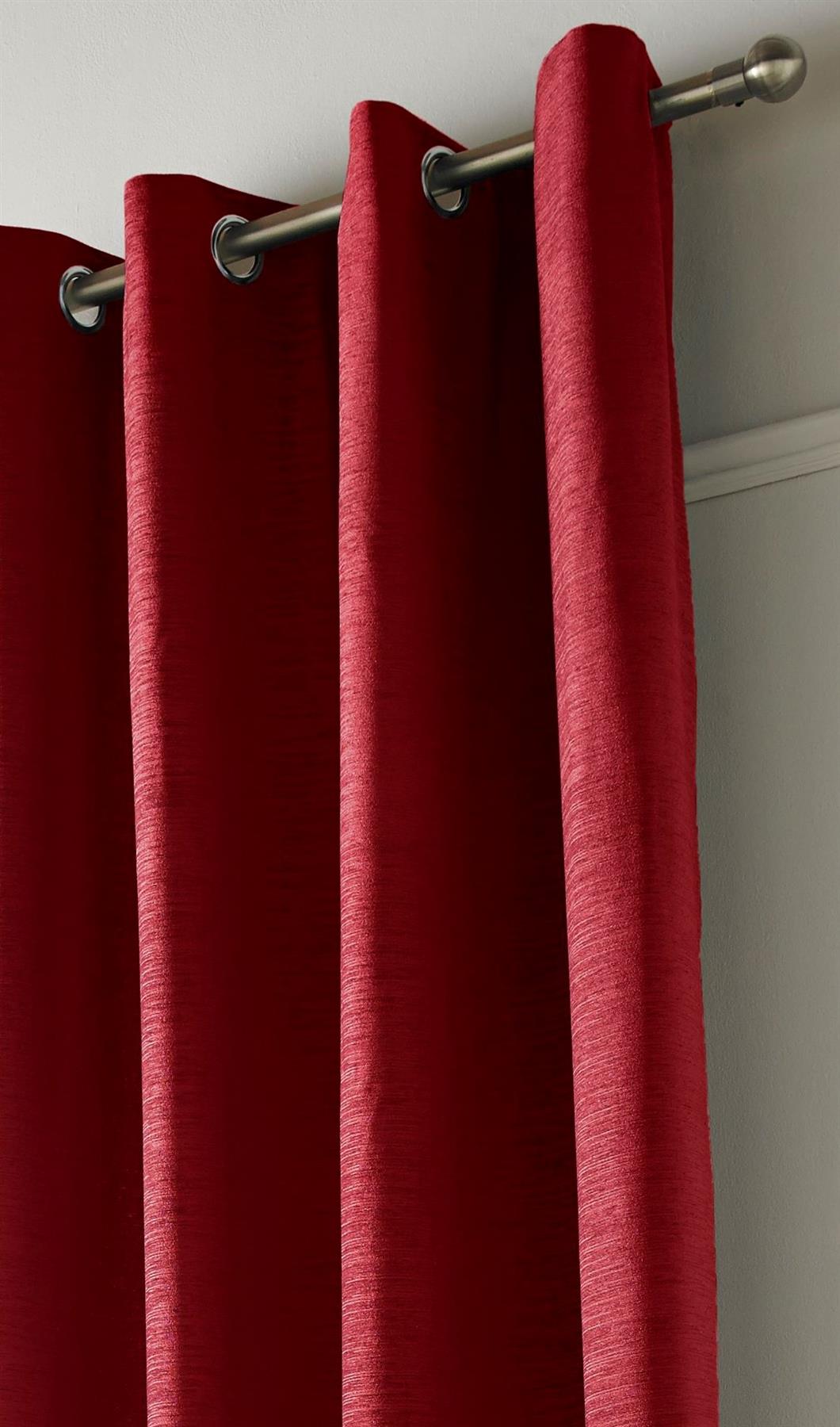Red Plain Chenille Fully Lined Eyelet Curtains Pair